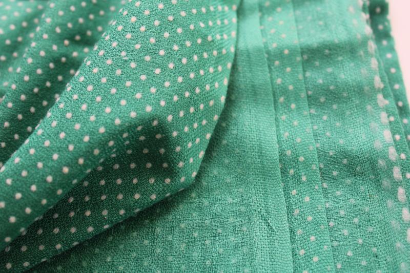 jade green w/ white pin dots, dotted crepe poly or rayon, vintage dress fabric