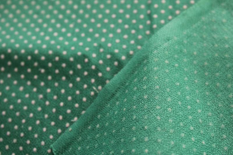 jade green w/ white pin dots, dotted crepe poly or rayon, vintage dress fabric