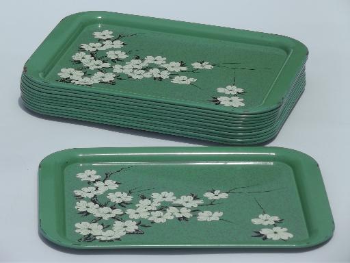 jadite green metal trays w/ cherry blossom floral, vintage lap tray set of 12