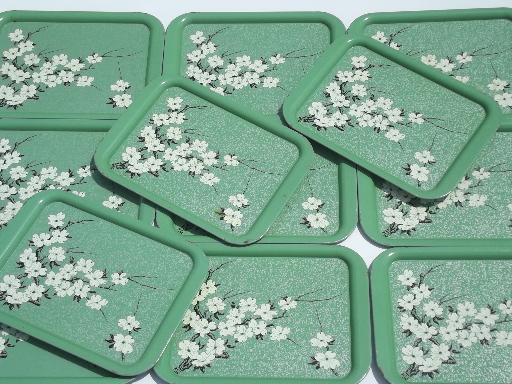 jadite green metal trays w/ cherry blossom floral, vintage lap tray set of 12
