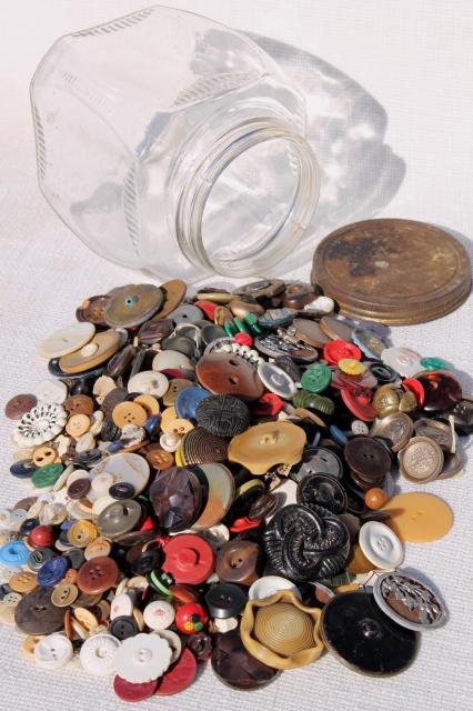 jar of old antique vintage buttons from five generations family farm, many 1800s