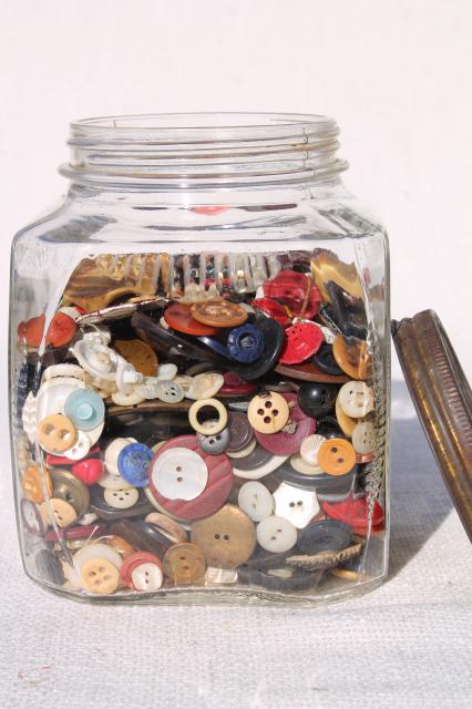 jar of old antique vintage buttons from five generations family farm, many 1800s
