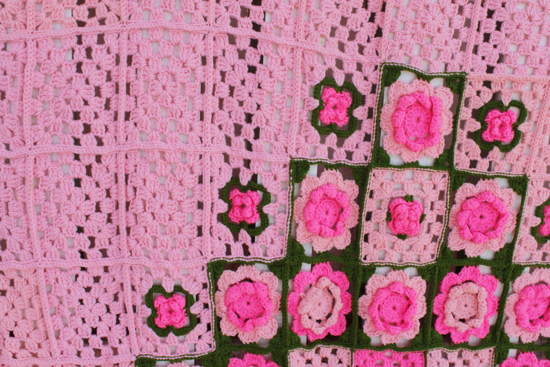 king size crochet bedspread, retro pink flower granny squares handmade vintage afghan
