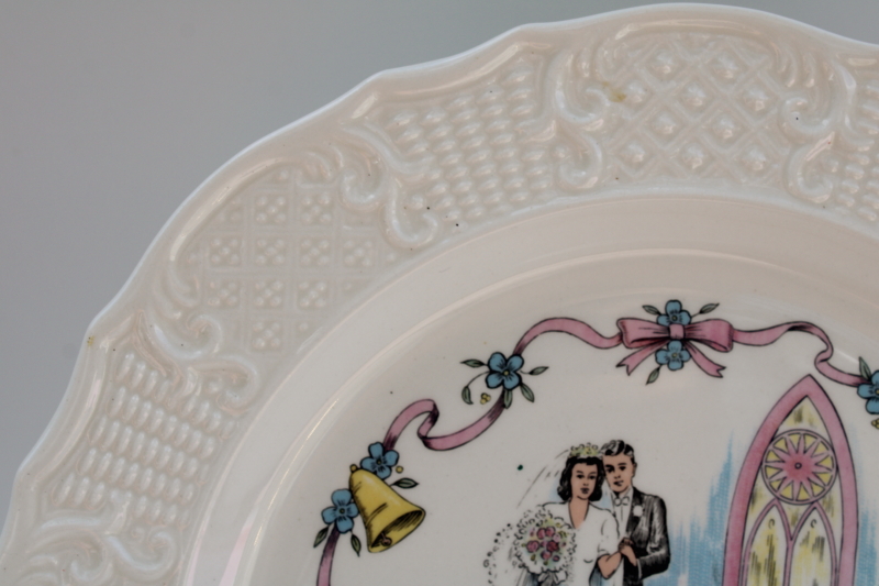 kitschy sweet mid century vintage plate w/ wedding couple bride and groom, wedding or anniversary cake plate