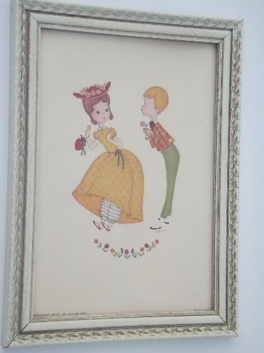 kitschy vintage boudoir prints, framed boy and girl wall art dated 1957
