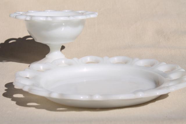 lace edge milk glass dessert set, vintage Anchor Hocking sherbet bowls & plates