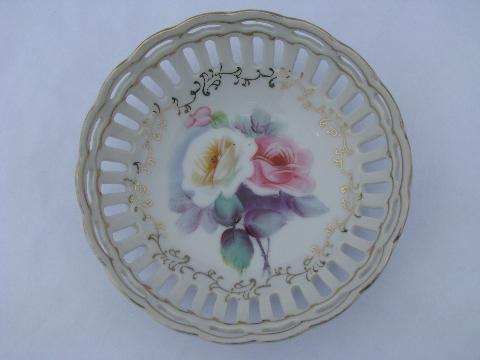 lace edge pierced china dishes w/ hand-painted flowers, vintage Japan