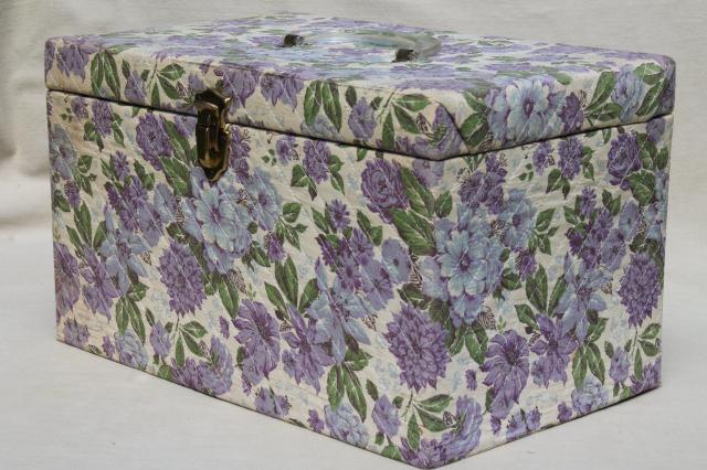 large 60s vintage sewing box in lavender purple floral chintz print fabric