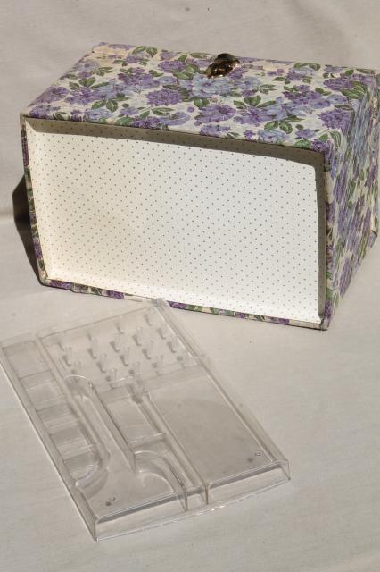 large 60s vintage sewing box in lavender purple floral chintz print fabric