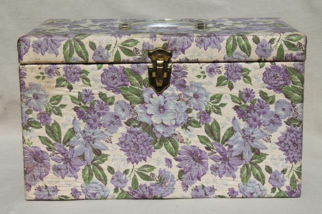 large 60s vintage sewing box in lavender purple floral chintz print fabric