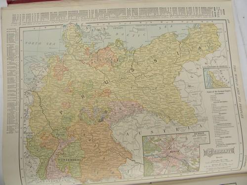 large antique Rand-McNally atlas w/color maps & photos 1906