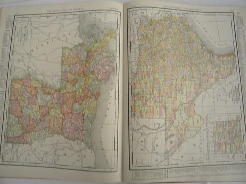large antique Rand-McNally atlas w/color maps & photos 1906