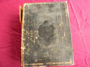 large antique bible, 1872 with embossed leather cover