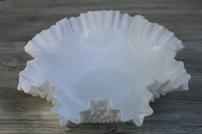 large centerpiece flower bowl w/ crimped edge, vintage Fenton hobnail milk glass