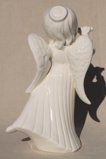 large ceramic angels in ivory white glaze, pair vintage handmade Christmas angel statues