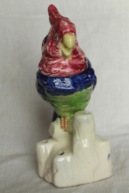 large hand painted ceramic parrot flower holder figurine, vintage made in Japan 