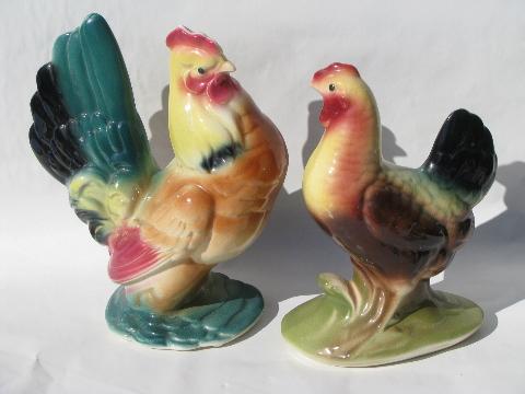 large hen and rooster chicken figurines, unmarked vintage USA pottery