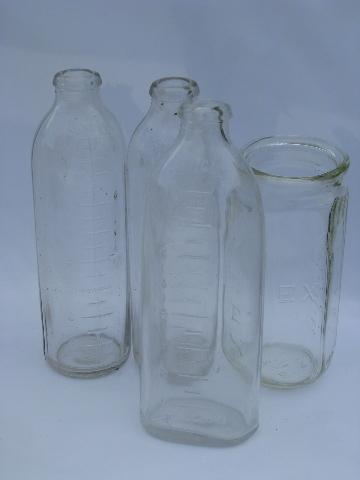 large lot assorted old glass baby bottles, vintage bakelite lids