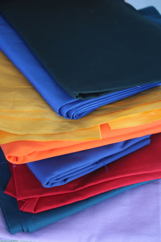 large lot vintage fabric, scraps  remnant pieces colorful solids for patchwork, small projects