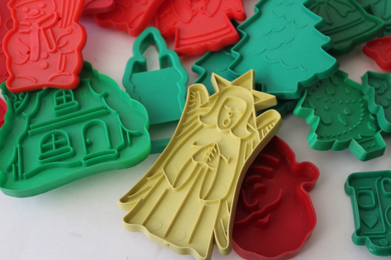 large lot vintage red  green plastic cookie cutters Christmas Santa, trees etc