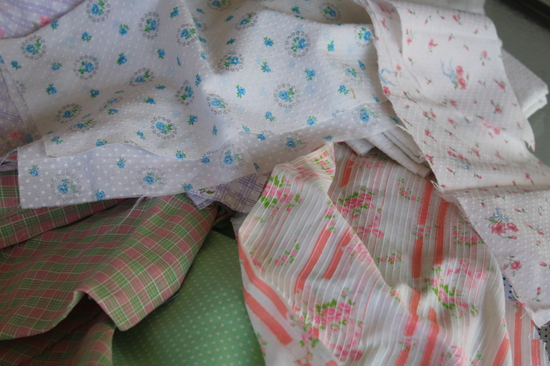 large lot vintage scrap fabric, colorful dotted swiss, seersucker, print dimity, for retro girly sewing
