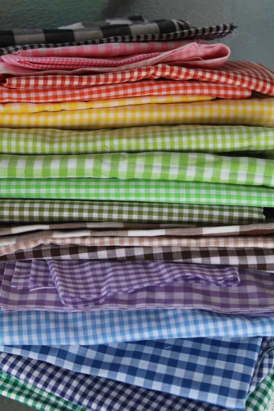 large lot vintage scrap fabric, gingham checks in all colors, cottagecore or retro preppy style