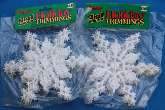 large lot white Christmas glitter plastic snowflakes, retro ornaments sealed in pkgs
