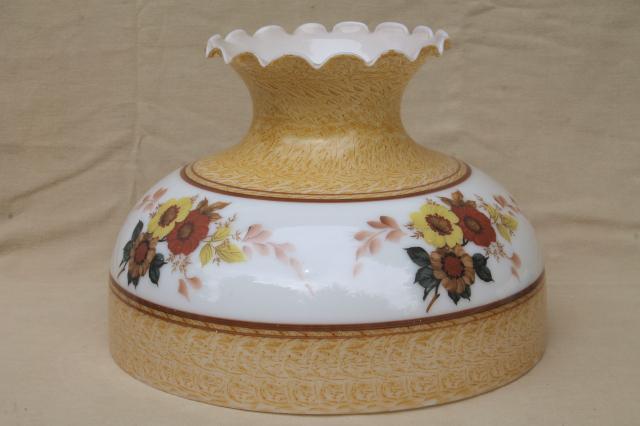 large milk glass lamp shade w/ flowers in warm gold colors, vintage replacement light shade