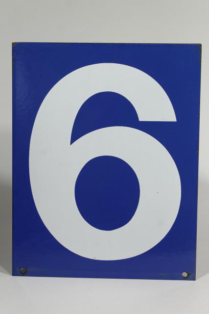 large number sign, vintage industrial blue enamel metal gas station numbers, #6 or #7