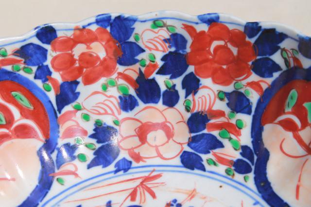 large old Japanese porcelain bowl, hand painted red and blue Imari design china dish
