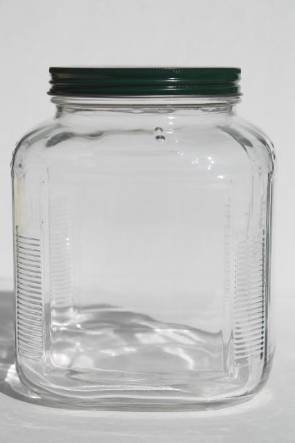 large old square glass jar w/ metal lid, store counter / hoosier style pantry canister