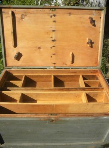 large primitive old carpenter's chest or tool box w/copper fittings