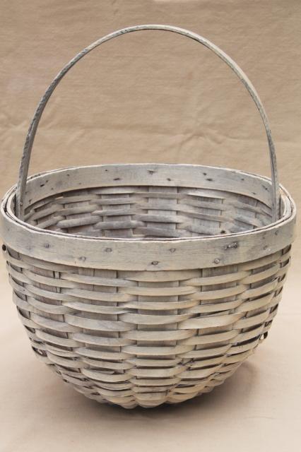 large round bottom market basket or gathering basket w/ weathered old white paint