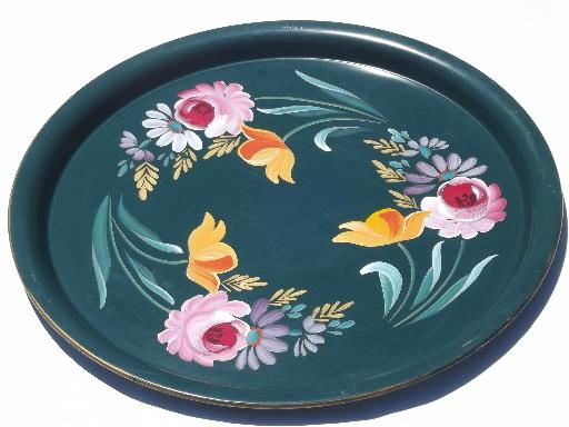 large round hand-painted tole tray w/ bright flowers, vintage Ransburg