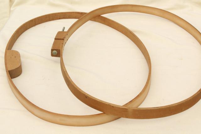 large round & oval wood hoop needlework frames, vintage embroidery or lap quilting frame