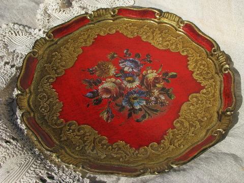large round vintage Florentine tray, gilded gold wood, flowers on red