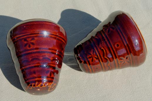 large salt & pepper shakers, vintage Marcrest stoneware pottery brown daisy dot pattern