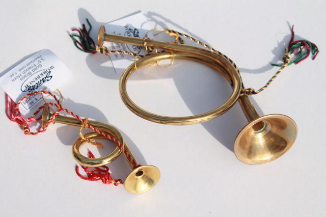 large & small solid brass french horns, vintage holiday decorations / Christmas ornaments 