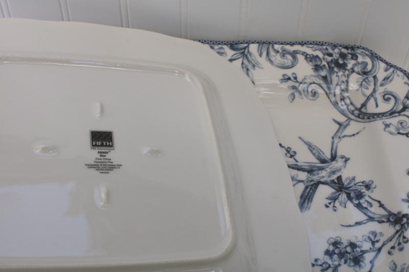 large square plates or chargers blue & white toile w/ birds, Adelaide 222 Fifth