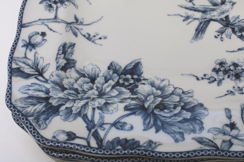large square plates or chargers blue & white toile w/ birds, Adelaide 222 Fifth