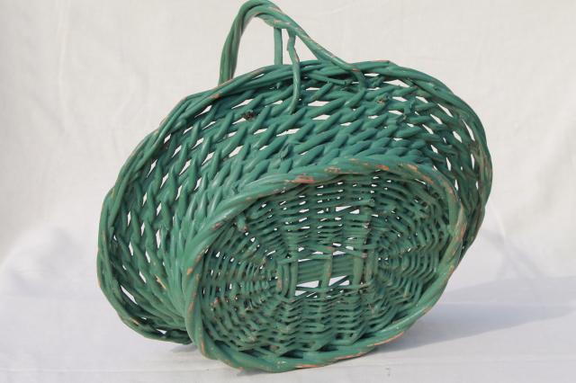 large vintage basket for garden flowers, nice old jadite green paint