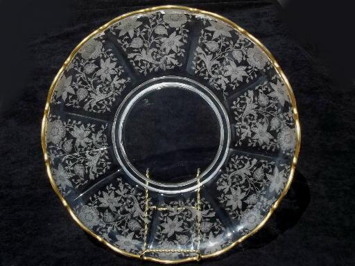 large vintage glass cake torte plate, vintage Cambridge wildflower etch
