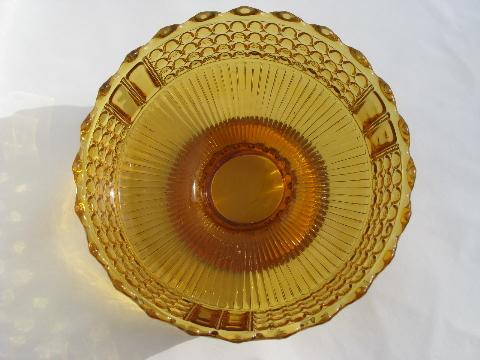 large vintage pressed glass footed bowl, jewel & band pattern in amber