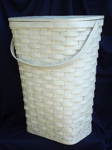 large vintage white painted wood splint wash hamper, old laundry basket