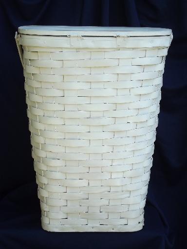 large vintage white painted wood splint wash hamper, old laundry basket