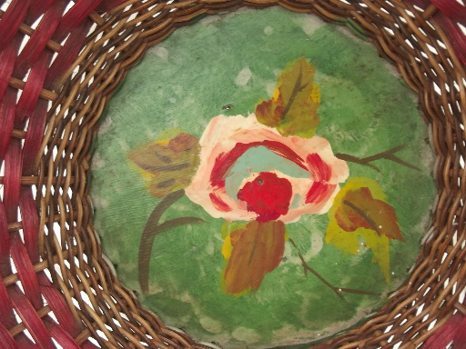 large wicker basket bowl w/ old paint & flowers, 1930s or 40s vintage