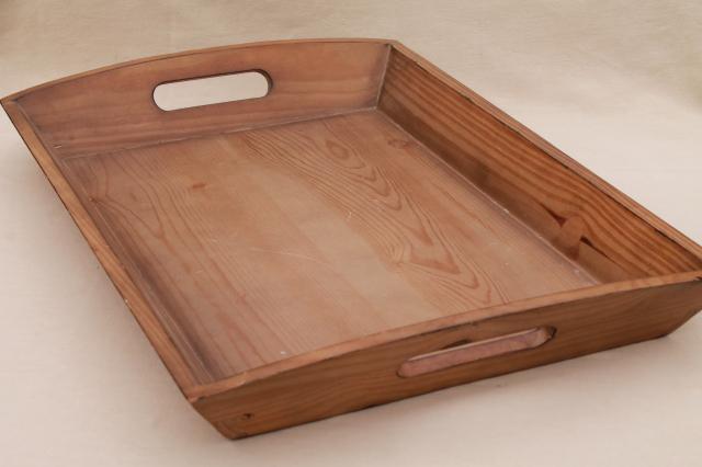 large wood serving tray w/ sturdy handles, vintage country pine wooden tray