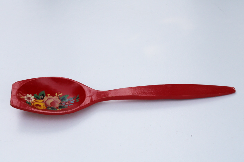 large wooden spoon Swedish folk art hand painted roses on red, Scandinavian traditional crafts