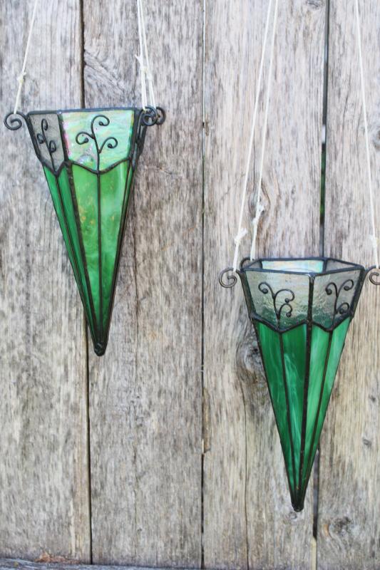leaded stained glass hanging candle shades, antique arts & crafts style cone vases