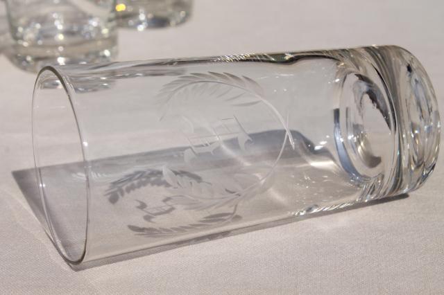 letter S monogram highball glasses, set vintage crystal clear etched glass tumblers